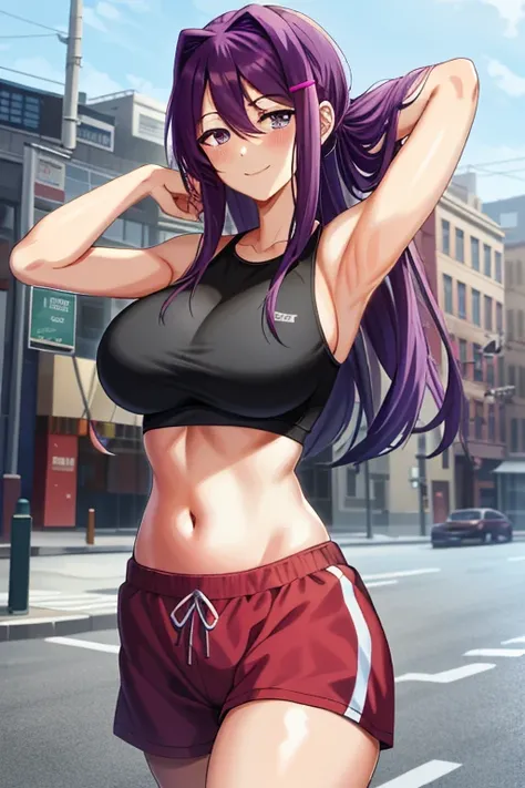 2d, masterpiece, best quality, anime, highly detailed, 1girl, solo, yuri, purple eyes, purple hair, hair between eyes, hairclip, tall, (large breasts:0.8) shy smile,  red jogging shorts, blushing, standing, armpits, hands behind head, smile, holding breast...