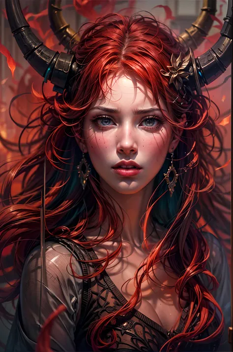 (best quality, ultra-detailed, realistic:1.37), dark fantasy portrait, surreal atmosphere, vibrant colors, ethereal lighting, mystical horns and scratched face, captivating gaze, delicate facial features, alluring expression, mesmerizing red hair flowing, ...