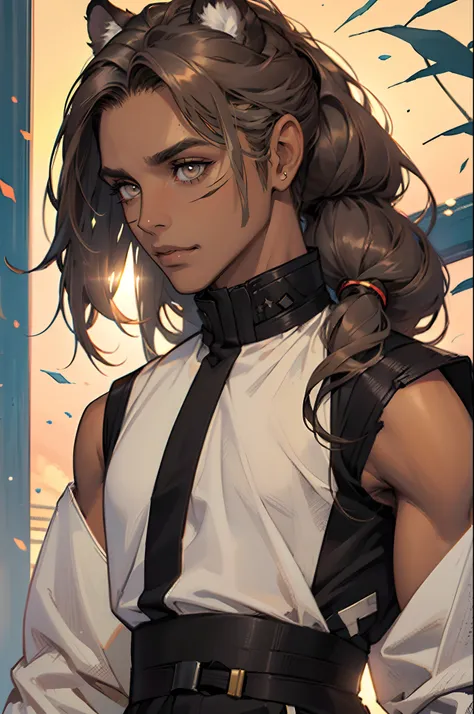 ((Beautiful man:1)) , ((Dark skin:1.5)) , ((long hair)) , ((brown hair)) , ((male:1.4)) , full lips , light silver eyes , voluminous hair,((has tiger ears:1.1)), ((Skinny build)) ,effeminate , ((has a center part in hair:1)), full long eyelashes,((straight...