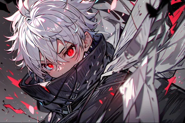 hight resolution,close range、Anime boy with white hair and red eyes staring at camera, Glowing red eyes,slim, dressed in a black outfit,Shadow Body,Brown skin、monochromes,hair messy,irate、Diagonal angle