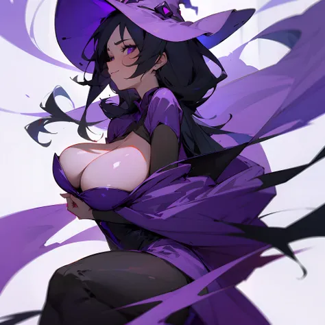 witch girl, flirty, black hair, huge breasts, purple witch hat, smug, purple robe, skimpy,  simple flat white background,