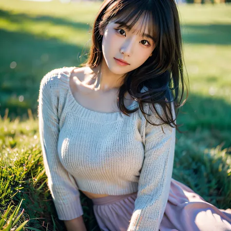 (Photoreal: 1.4), (Hyper-realistic: 1.4), (Realistic: 1.3), (Smooth lighting: 1.05), (Improved cinematic lighting: 0.9), 32K, depth of field, out of focus background, 20-year-old, 1 girl, asian, long skirt, medium breasts, loose sweater, australian park ba...