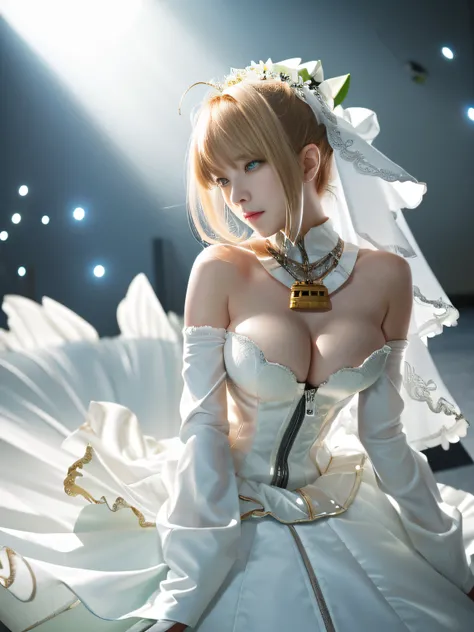 Bride 2nd place, Second Cosfit, (masutepiece:1.2), (ultra-detailliert), (8K, Convoluted), (85 mm), light Particle, Lighting, Full body, (Highly detailed:1.2), Breast Focus, (Detailed face:1,5), (rule of third_Composition:1.3), (Line of action:1.2), Dayligh...