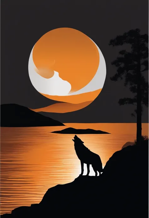 White silhouette design of a single wolf，Silhouette on the edge of a cliff，Wolf howl：1.5，black backgrounds，Beautiful Silhouette，biologically correct