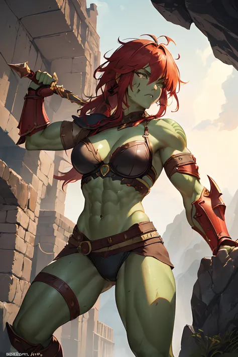 (1  muscular beauty female,warrior,half orc, humanoid,green skin, messy red hair,scar:1.2),large breasts, fantasy world, medieval, cave, mining operation, fortifications, (micro leather bra, threatening armor, leg guard, gauntlets:1.2), red cape,dynamic fi...