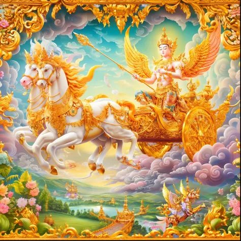 painting of a white horse with a golden chariot with a man riding on it, chariot, beautiful godrays, mythological painting, thailand art, tarot card the chariot, puṣkaracūḍa, by Caroline Chariot-Dayez, pegasus, beautiful image, by Shen Che-Tsai, beautiful ...