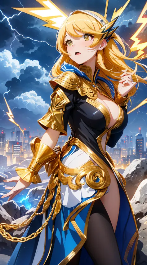 top-quality、Top image quality、​masterpiece、girl with((18year old、Best Bust、big bast、Bust 85,beautiful golden eyes、Breasts wide open,Blonde long hair、A slender、Large valleys、Black and gold dress、Goldcloak,Reflecting the whole body、Open your arms、Gold ring o...