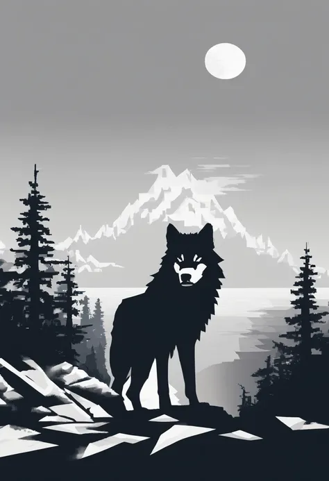 White silhouette design of a single wolf，Silhouette on the edge of a cliff，Wolf howl：1.5，black backgrounds，Beautiful Silhouette，biologically correct