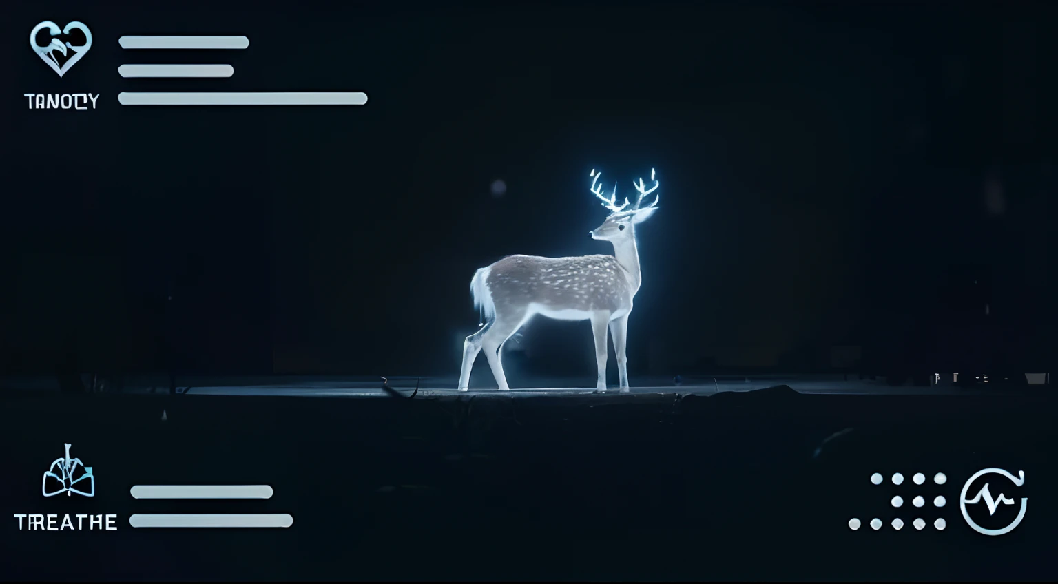 A Unity game interface that helps users with breathing training，Interactive interface，A deer drinks water under a tree，Breath and health display，The interactive window is displayed，The growth status of the tree is displayed in the bar