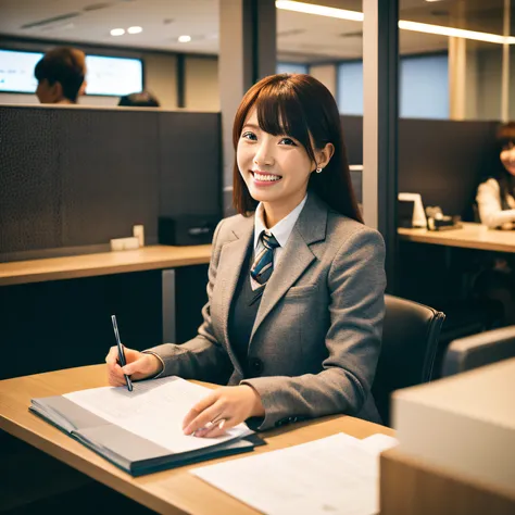 Sitting on a chair, explaining the materials on the table, photographed from the front, woman in a suit responding with a smile, insanely detailed description, anime style, background is an office.