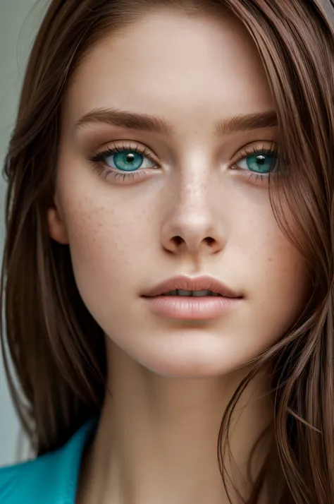 (close-up editorial photo of 20 yo woman, brown hair, slim russian sweetheart), (freckles:0.8), lips close, blue green eyes, POV, realistic[:, (film grain, 25mm, f/1.2, dof, bokeh, beautiful symmetrical face, perfect sparkling eyes, well defined pupils, hi...