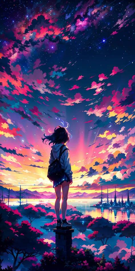 anime wallpapers of a girl looking at a view of the sky and stars, cosmic skies. by makoto shinkai, anime art wallpaper 4 k, anime art wallpaper 4k, anime art wallpaper 8 k, anime sky, amazing wallpaper, anime wallpaper 4 k, anime wallpaper 4k, 4k anime wa...