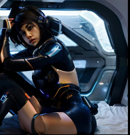 Futuristic skin suit, space station interior, laying on bed, small bedroom, futuristic, scifi, dimly lit, looking sexy, full body, highly detailed, realistic, seductive