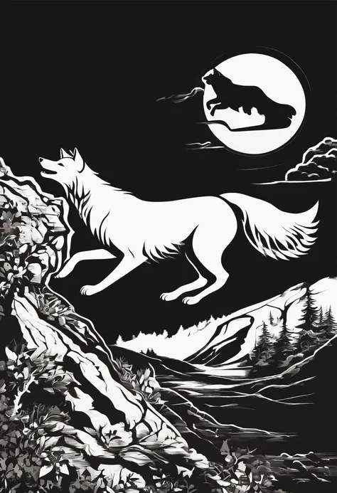 White silhouette design of a single wolf，Silhouette on the edge of a cliff，Wolf howl：1.5，black backgrounds，Beautiful Silhouette，biologically correct