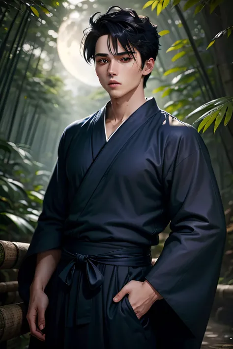 Rin standing in a bamboo forest々Beautiful Japan anime young man in his 20s、Navy blue hakama、well-muscled、The hairstyle is the center part、Moonlit、Thin eyebrows、He has a strong eye for the camera.