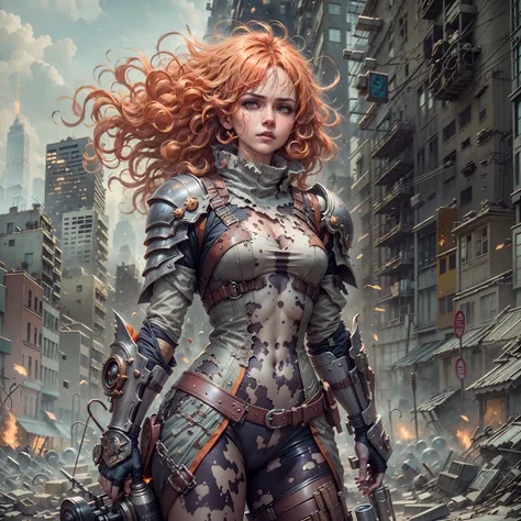 a beautiful woman, orange eyes, (blush nose), detailed eyes, cinematic, drawn by Greg Rutkowski, Yoji Shinkawa: 0.6long curly orange hair, defined body, wearing detailed Victorian-era armor (((super strong)), masterpiece, best quality, ultra-detailed, grou...