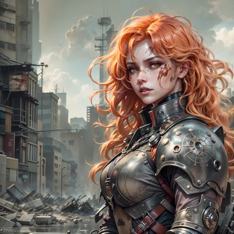 a beautiful woman, orange eyes, (blush nose), detailed eyes, cinematic, drawn by Greg Rutkowski, Yoji Shinkawa: 0.6long curly orange hair, defined body, wearing detailed Victorian-era armor (((super strong)), masterpiece, best quality, ultra-detailed, grou...