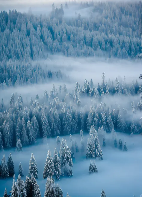 (((Best quality))), ((Ultra-detailed)),，Close-up of the perspective (Photo:1.2) ，Ice and snow，pines，Fog pine，