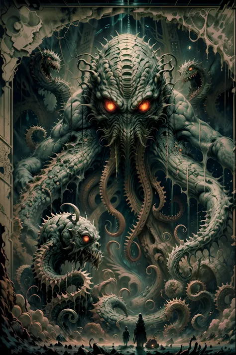 standing in front of the monster, looking terrified. The poster is made of high-quality materials and has an ultra-detailed illustration. The colors are dark and ominous, with a dominant green hue. The lighting is dramatic, with a spotlight illuminating th...