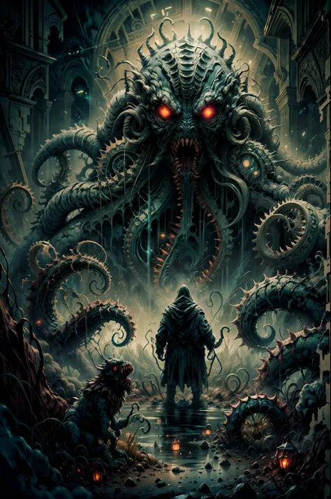 standing in front of the monster, looking terrified. the poster is made of high-quality materials and has an ultra-detailed illu...