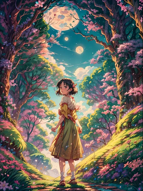 "A girl with magical powers, enchanted forest, vibrant colors, whimsical creatures, detailed animation, Studio Ghibli-style, anime art, mystical atmosphere, cherry blossom trees, soaring dragon, emotional storytelling, breathtaking scenery, hand-drawn illu...