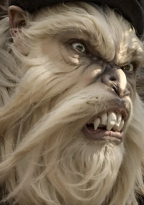 arafed image of a bigfoot, menacing appearance, painted portrait of yeti, menacing, yeti, looking menacing, angry face, closed mouth, big teeth, furry face, freudian, greybeard, high detail of the face, snarling, angry sasquatch, scowling