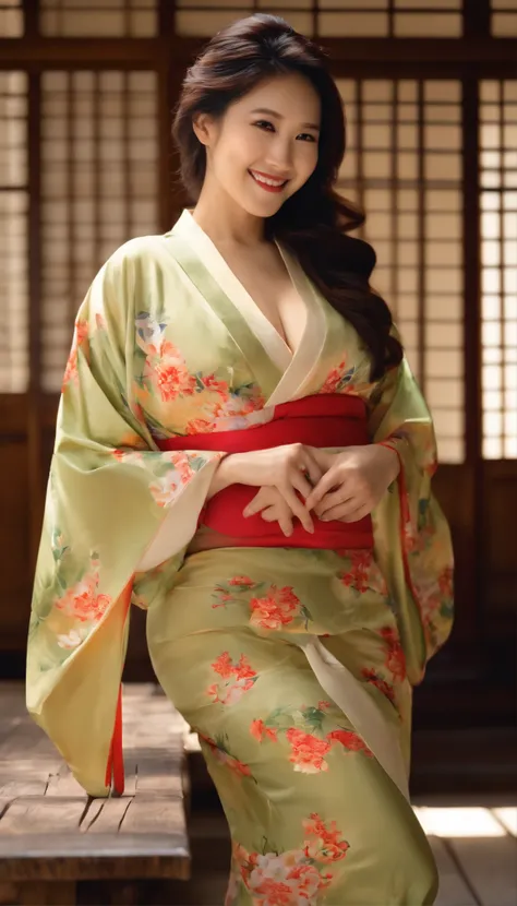 Young and beautiful smiling woman in Japan, Colossal tits, Without bra,Kimono, Realistic