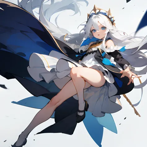 Boy cosplay with long white hair, white thighs, wearing a skirt, and an open dress, blue eyes