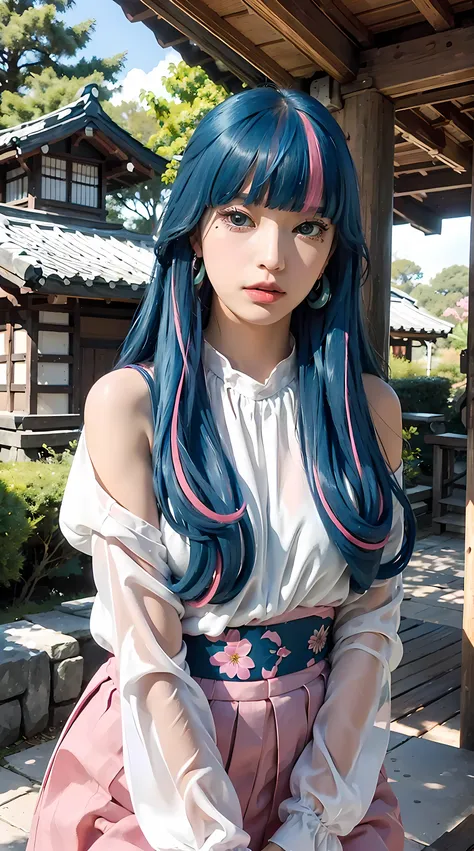 eida, long hair, bangs, blue eyes, very long hair, blue hair, pink hair, multicolored hair, earrings, blunt bangs, two-tone hair...