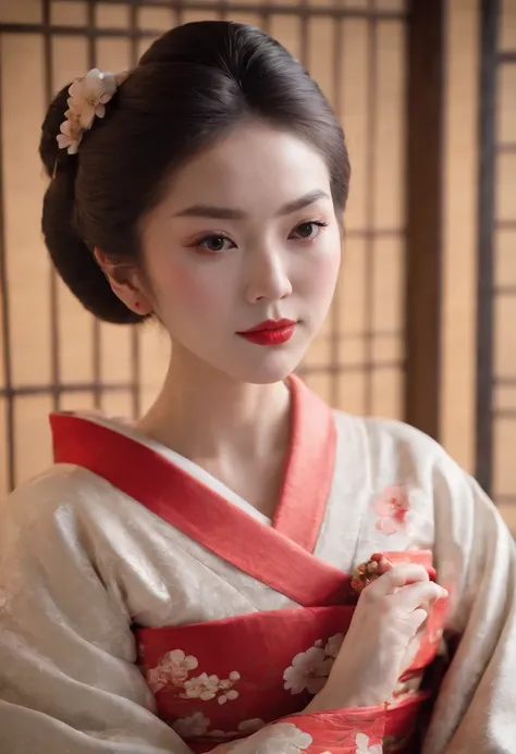 (((Elegant sexy kimono red in Japanese tradition. Cinema and television portrait theme antique Edo period.Great Olympiad.12 Uniforms.concubine. bare shoulders​))), (Layered kimono:1.3).Sit in the hall. Edo Castle. Night view_mix4, 20 days,ultra-realistic r...