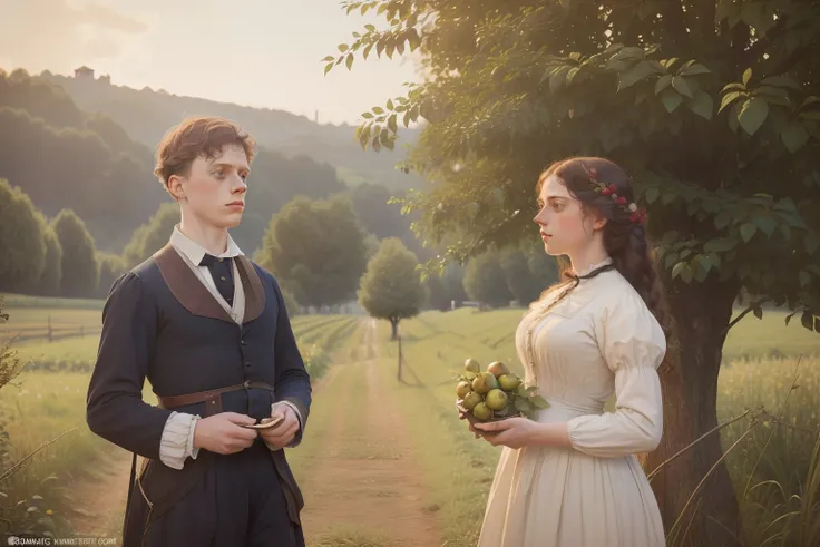 year: 1864. Location: Rock Island, Illinois. Pre-Raphaelite (((21-year-old George MacKay))), with a 24-year-old woman, fruit trees, farm, ((((rural Clothing from the 1860s)))) ((Hairstyle of the 1860s)), ((("OMITB" cinematography)))