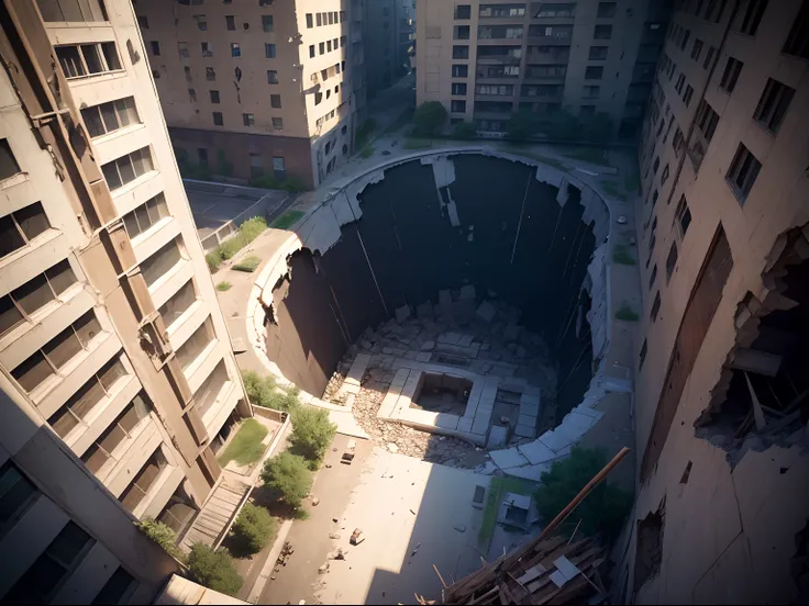 A Massive and Deep hole with a destroyed building and debris in a modern city