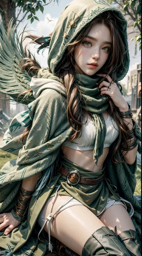 Grass, Sky, Field, League of Legends, 1girl, elf, druid, animal ears, bandage legs, long legs, bandage, bandage, bird legs, bird skull, cape, shut up, ears by headdress, eyes visible through hair, face drawings, feathers, hood, hooded cape, long hair, brow...