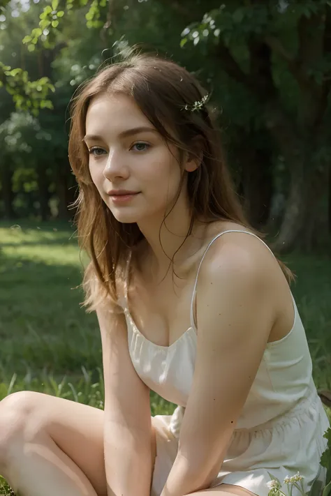 beautiful irishwomen,sitting in green park,greenery,soft sunlight,golden hair,sparkling blue eyes,rosy cheeks,pure white skin,ge...