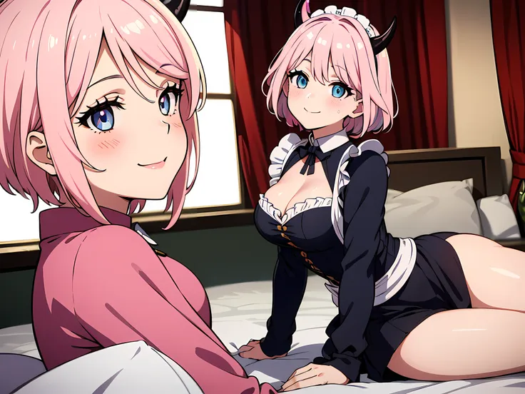 1 girl with demon horns, (beautiful eyes finely detailed, face to detail, pink hair color, short hair), wearing black maid outfi...