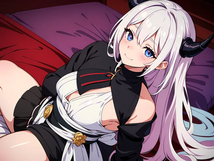 1 girl, demon horns, (beautiful eyes finely detailed, Face to detail, hair color like furina, long hair), wearing black maid outfit with long skirt, sitting on bed, mischievous facial expression, smiling, blush on her face, camera angle from side, full bod...