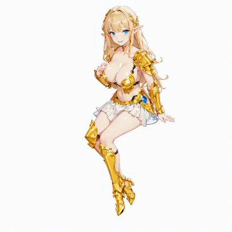 ​masterpiece、top-quality、ighly detailed、hight resolution、１６ｋ、fullnude、Boob proportions、golden armour、Very thin skirt、Full body like、Very white skin、Beautiful fingers、Anime girl with very big breasts posing naked、Perfect Style、elvish、no-bra、Blonde blue-eyed...