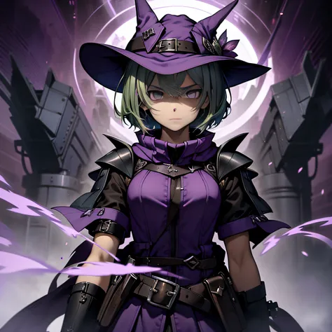 top-quality、extremely delicate and beautiful、(A teenage girl)、Purple Eye、Green hair、short-haired、(purple witch hat)、Purple tie、Tactical Vest、Soio、shortsleeves、Purple skirt、Purple Wizard Robe、Navel、is standing、Facing the front、Expression of hatred、Dark back...