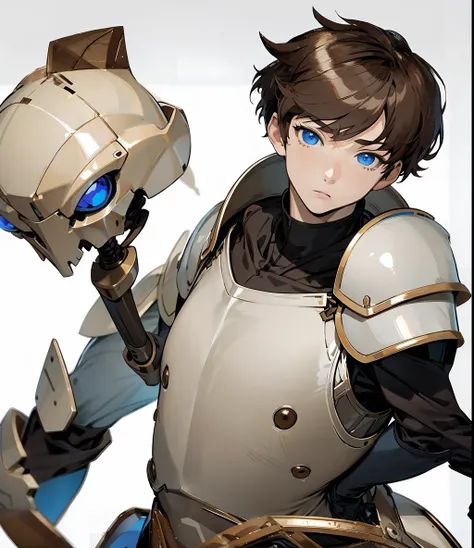 brown hair, anime boy, blue eyes, pale skin, leather armor, hero, simple white background, flat background, simple background, no frills, man, male, brown armor, bowlcut