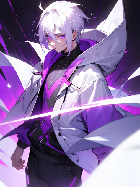 Boy with white hair glowing purple radiant eyes wearing a stylish fashion hoodie