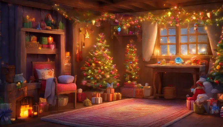 Design a Christmas card，There is a dreamy and fantastical scene on it，Crochet is highlighted, knitting, Sewing, and colorful yarns.

Front of Christmas card:

image: dream magical, Fantasy-style scenes

In a world where dreams come true, A captivating pict...