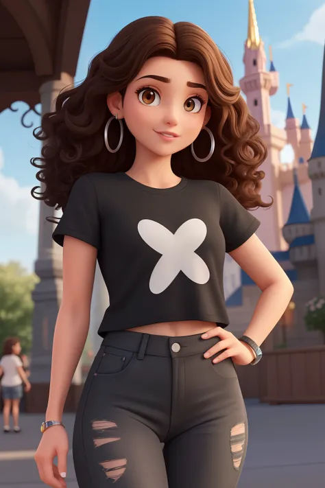 Disney Pixar style a high quality a short beautiful brunette woman has dark brown and half curly hair the light brown eye hoop earring Black black t-shirt black jeans black sneakers tattoo have ring on the right finger silver her name is Larissa is 22 year...