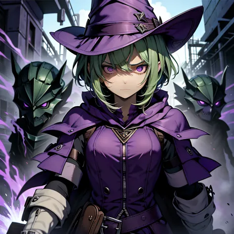 top-quality、extremely delicate and beautiful、(A teenage girl)、Purple Eye、Green hair、short-haired、(purple witch hat)、Purple tie、Tactical Vest、Soio、shortsleeves、Purple skirt、Purple Wizard Robe、Navel、is standing、Facing the front、Expression of hatred、Dark back...