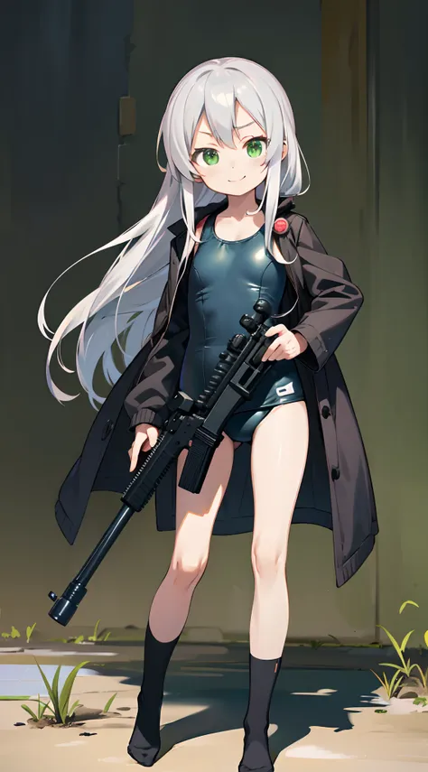 masutepiece,Best Quality,ultra-detailliert,8K,Solo,chiquita,8 years old,flat chest,Little woman,Silver hair,Long hair,Straight hair,Green eyes,Smile,School Swimsuit,Black socks,Black coat,Sniper rifle,holding gun,trigger discipline,