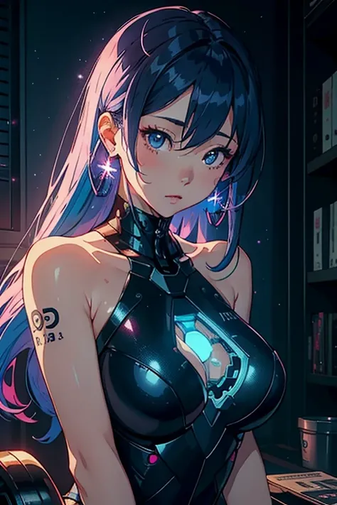 write、1 girl in、Alone、[Navy blue and pink hair:Blue and pink hair:0.2]、cyberpunked、Hi-Tech、で、machine components、looking at the spectator、Black eyes、length hair、Luminous Laser Women Super Tech Jumpsuit、Mechanical body parts of cyberpunks、tattooed、interiors、...