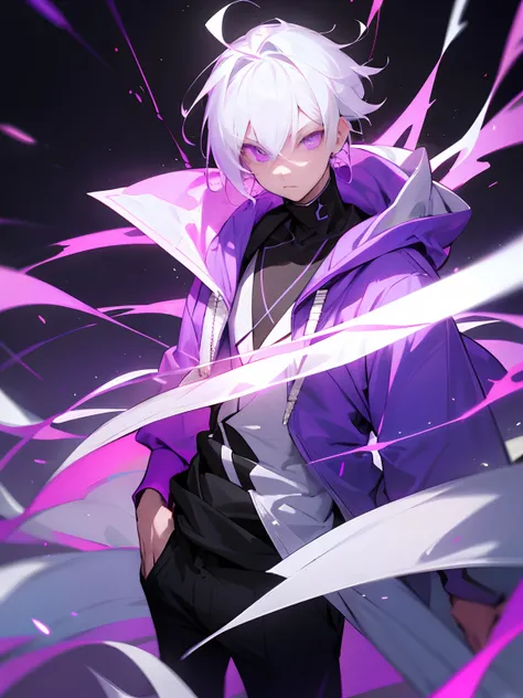 Boy with white hair glowing purple radiant eyes wearing a stylish fashion hoodie