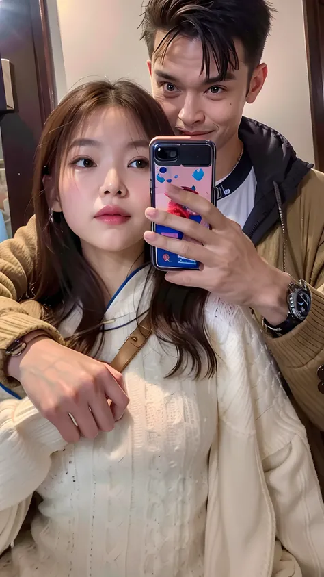 There is a man and a woman taking an 8k iPhone selfie in front of the mirror, Realistic, Couple Pose, [realistic photo shot], in 8K, inspired by Goro Fujita