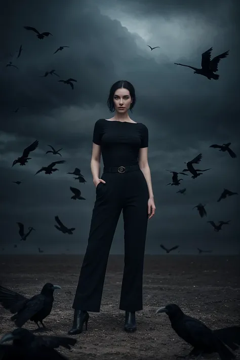 arafed woman in black top and pants standing in front of birds, flora borsi, among ravens, by Galen Dara, ravens stormy sky of foreboding, with a crow on her shoulder, photography alexey gurylev, swarms of ravens, crows, photography alexey kurylev, inspire...