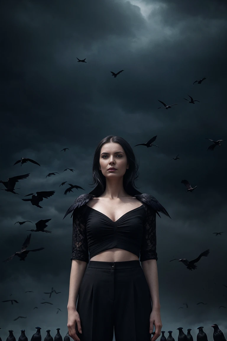 arafed woman in black top and pants standing in front of birds, flora borsi, among ravens, by Galen Dara, ravens stormy sky of foreboding, with a crow on her shoulder, photography alexey gurylev, swarms of ravens, crows, photography alexey kurylev, inspire...