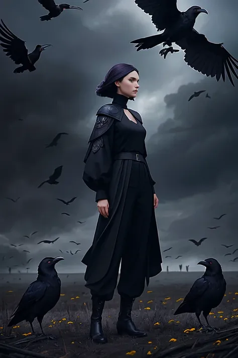 arafed woman in black top and pants standing in front of birds, flora borsi, among ravens, by galen dara, ravens stormy sky of f...